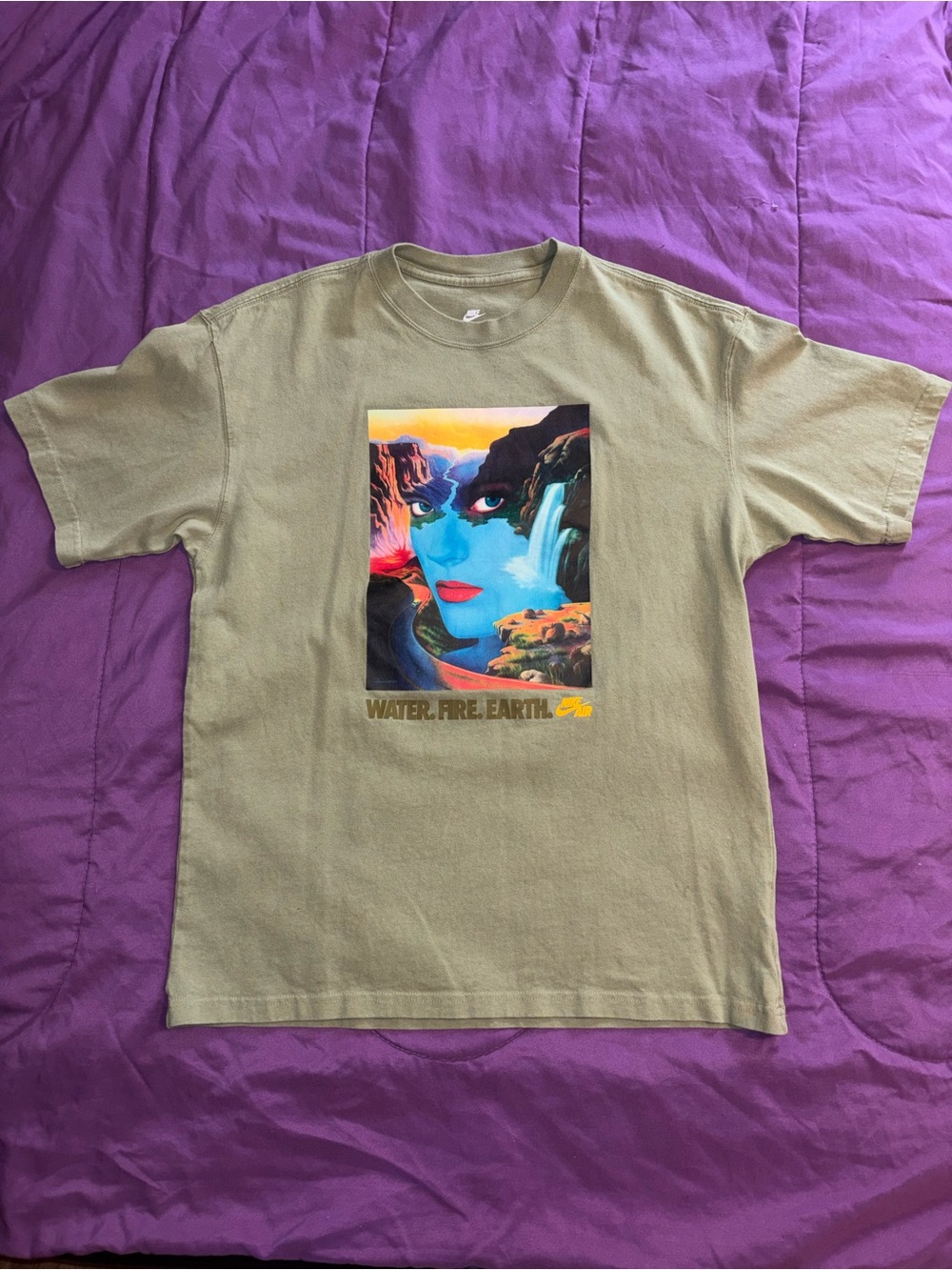 Nike Olive Green Short Sleeve Tee with Multicolor 'Water. Fire. Earth.' Graphic
